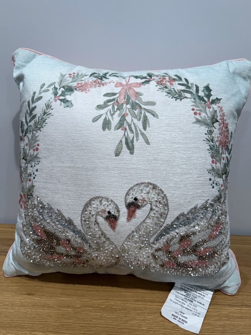 Swan Pink decorative beaded pillow NWOT